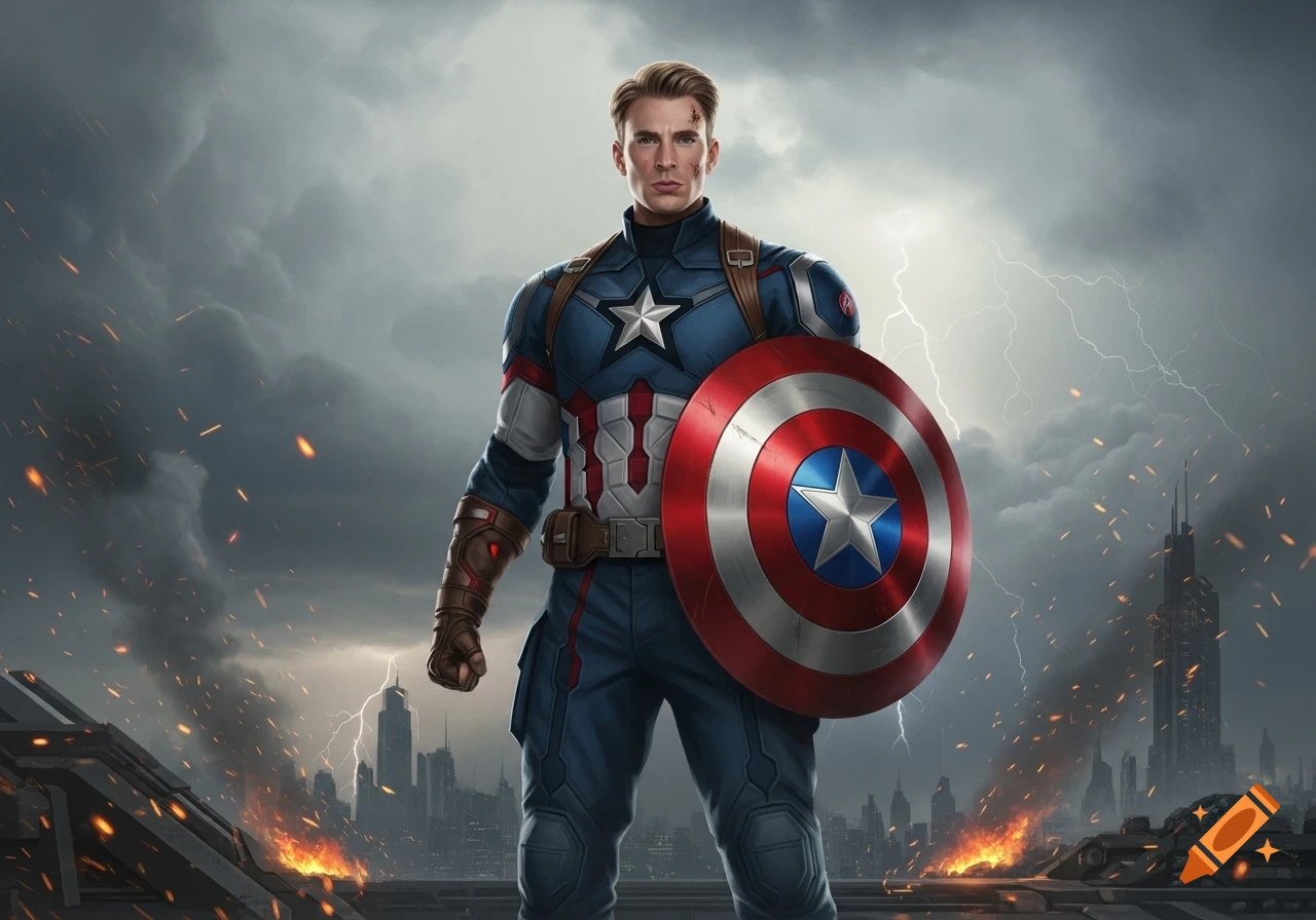 Captain America stands heroically on a rooftop overlooking a city, shield in hand, against a stormy sky with lightning.