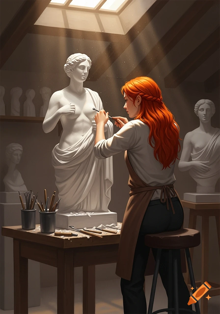 A red-haired woman carves a white classical statue in a sunlit art studio, seen from behind.