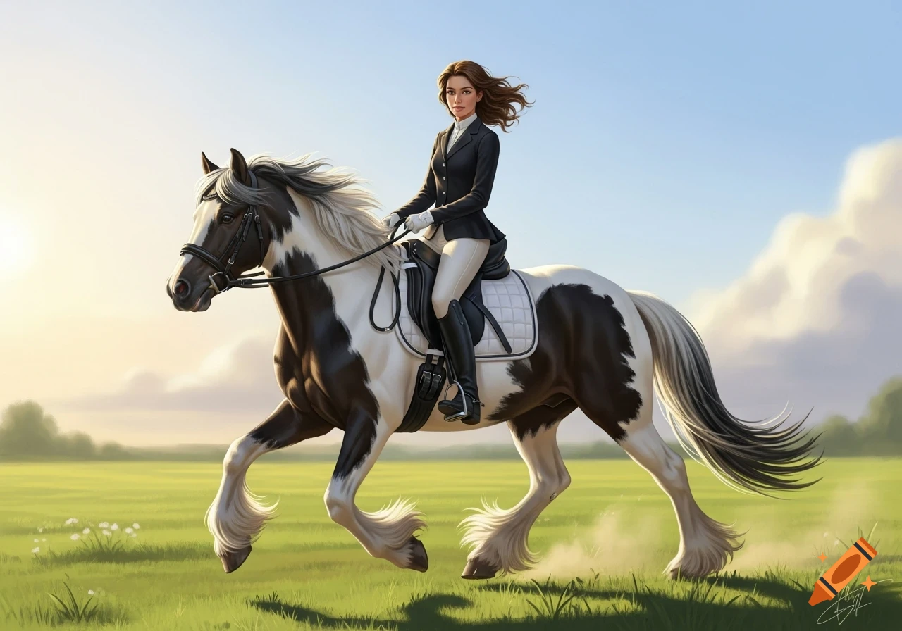 A woman in a black riding jacket and white pants rides a black and white pinto horse galloping through a green field. Digital art.