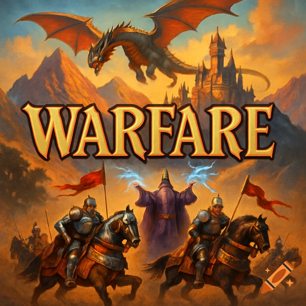 A fantasy board game cover with a dragon, castle, wizard, and knights on horseback, with the word 'WARFARE' prominently displayed.