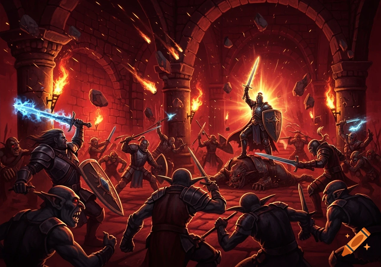 A heroic knight with a glowing sword stands atop a defeated beast, leading armored warriors against a horde of goblins in a fiery red dungeon with falling debris.