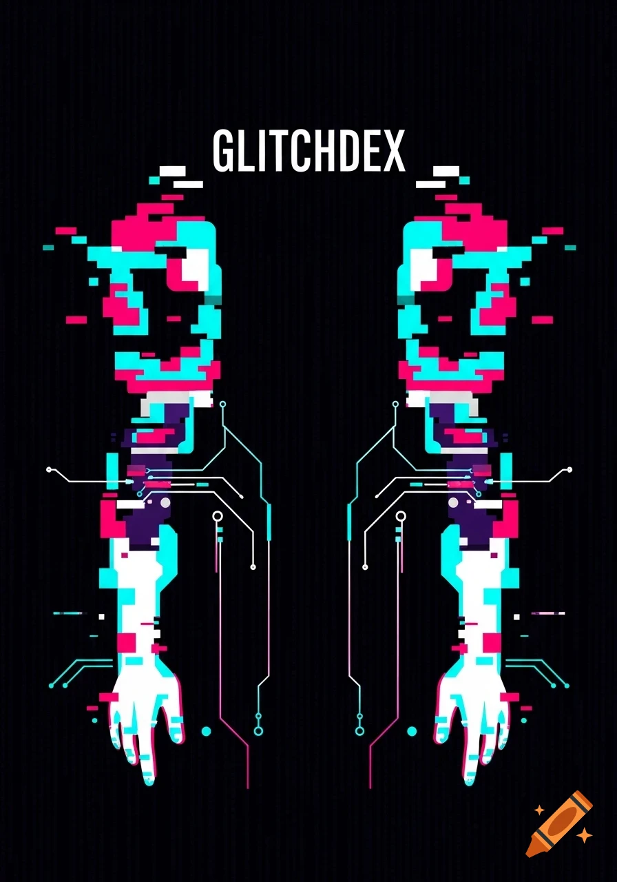 Two stylized human arms rendered with a pixelated glitch effect in magenta, cyan, and white, with circuit lines on a black background, and the text "GLITCHDEX" above.