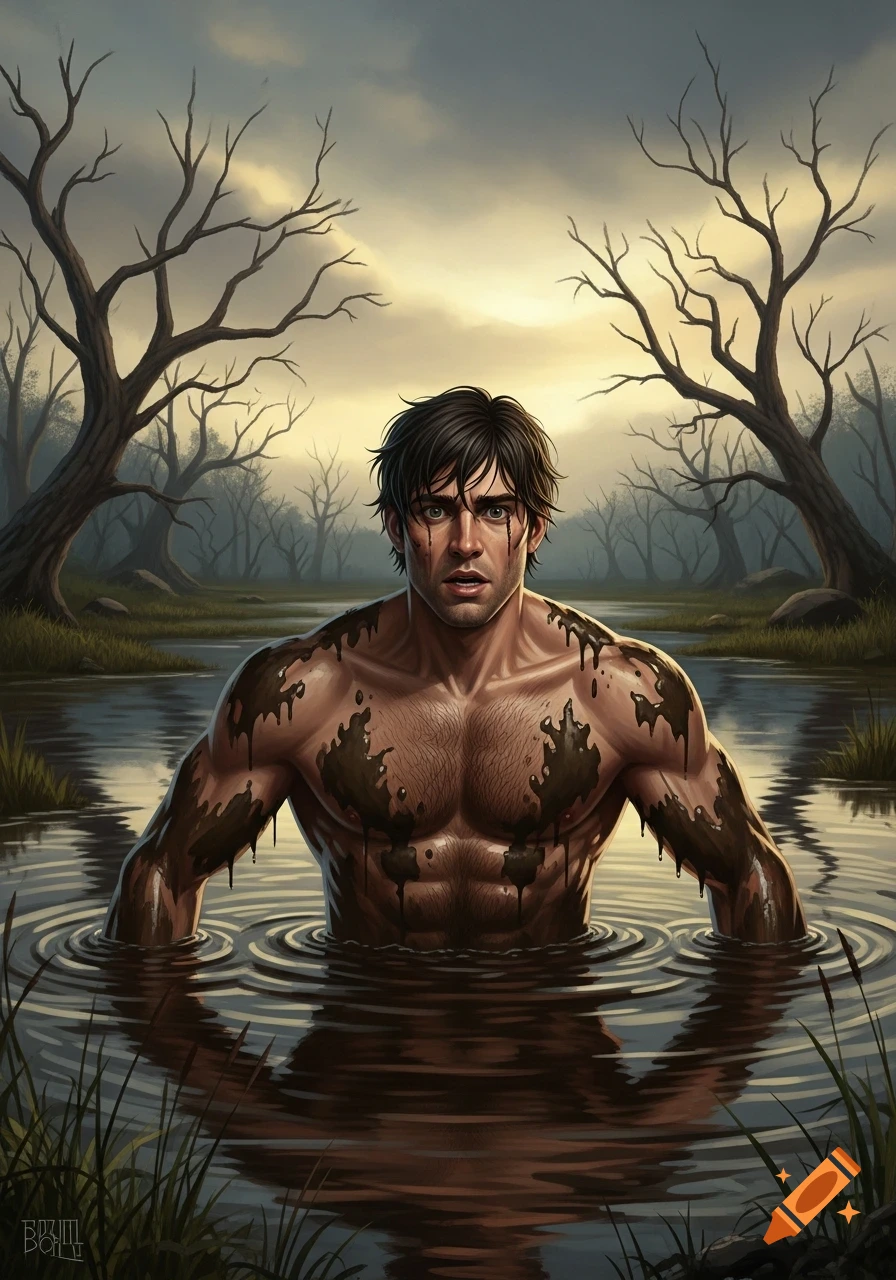 Digital painting of a shirtless man covered in mud emerging from water in a swamp with bare trees, looking concerned.