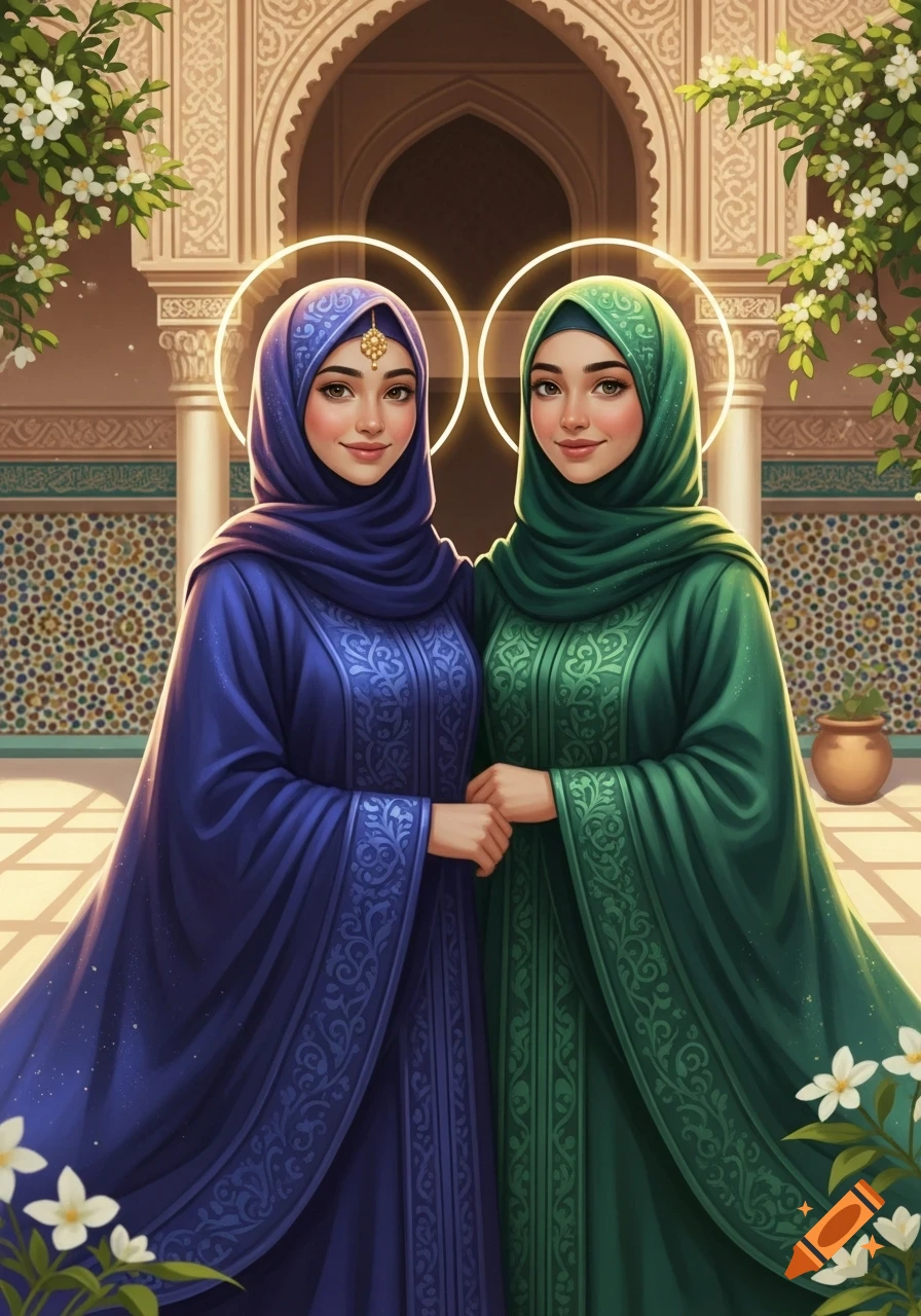 Two young Muslim women wearing blue and green hijabs and traditional dresses, standing in an ornate Islamic architectural setting with white flowers.