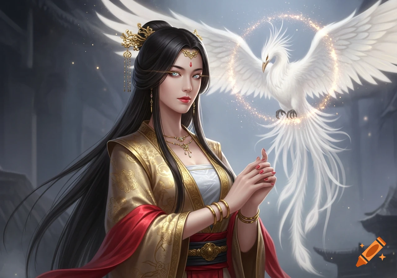 A beautiful fantasy Asian woman with glowing eyes in traditional gold and red attire, standing next to a mystical white phoenix.
