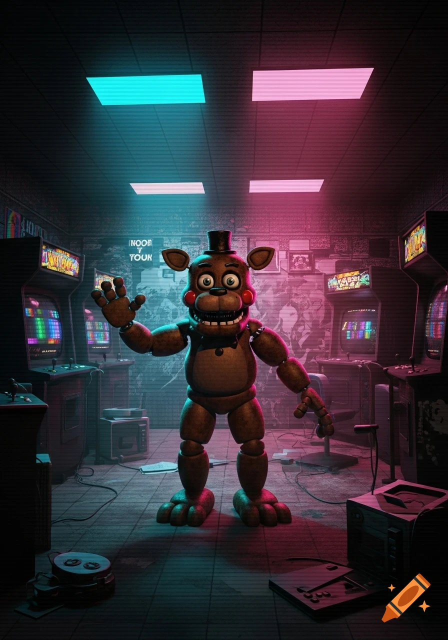 A brown animatronic bear, Freddy Fazbear, waves in a dimly lit retro arcade with blue and pink neon lighting.