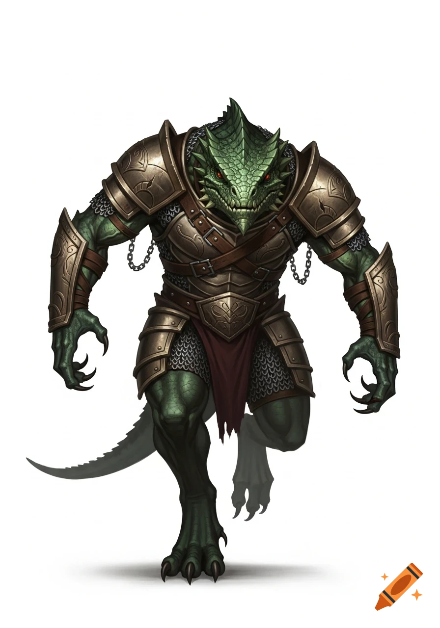 An armored green lizardfolk barbarian with sharp claws on a white background, in a fantasy art style.