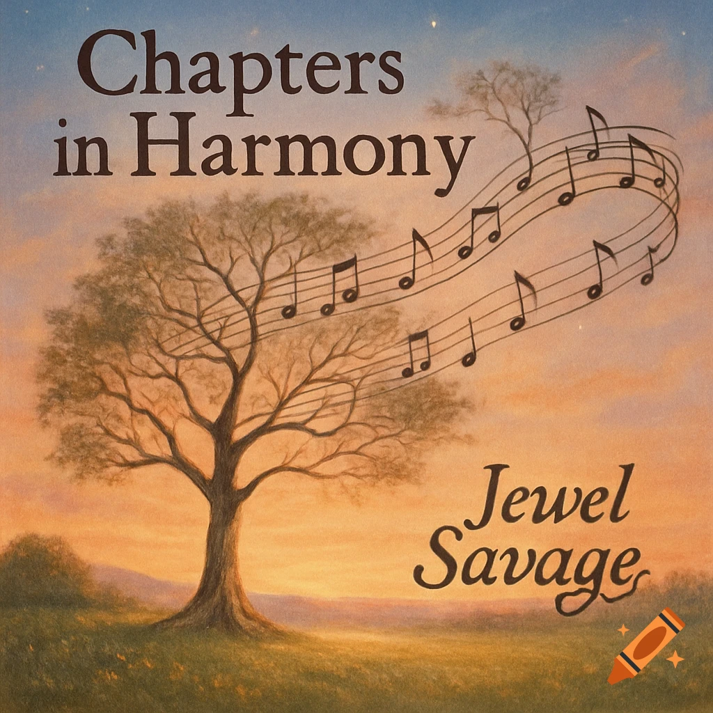 An album cover illustration with a large tree at sunset, musical notes floating above, and the titles "Chapters in Harmony" and "Jewel Savage".