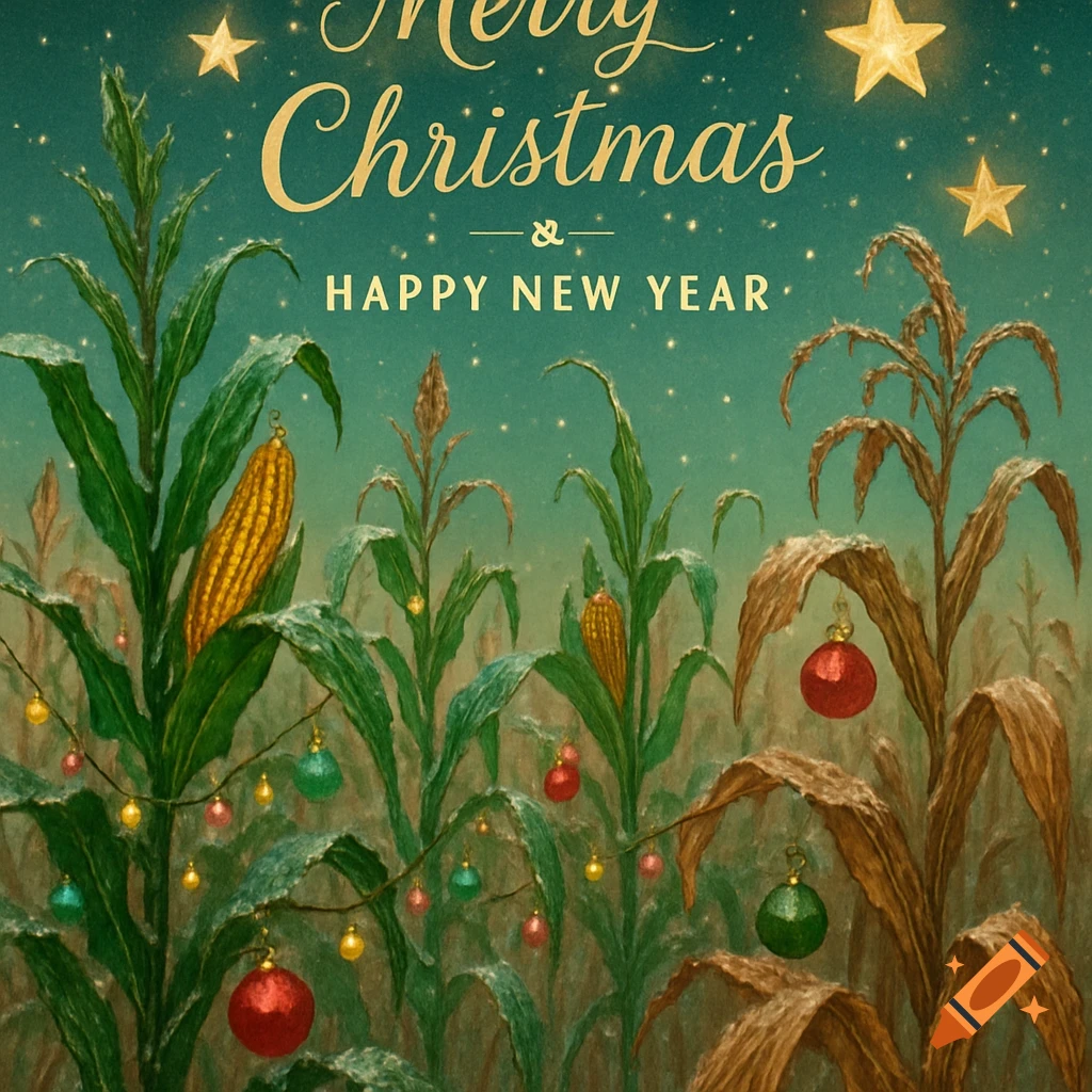 Stylized painting of corn stalks decorated with Christmas ornaments, under a starry sky with 'Merry Christmas & Happy New Year' text.
