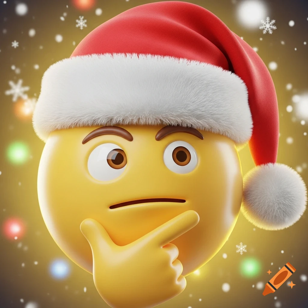 A 3D render of a yellow thinking emoji wearing a red and white Santa hat, set against a background of festive bokeh lights and snowflakes.