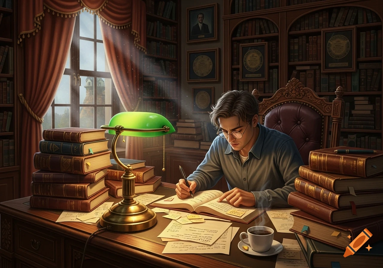 A young man wearing glasses sits at a grand wooden desk, writing in an open book under the warm glow of a green banker's lamp. Stacks of leather-bound books, papers, and a cup of coffee surround him in a study with tall bookshelves and a large window.