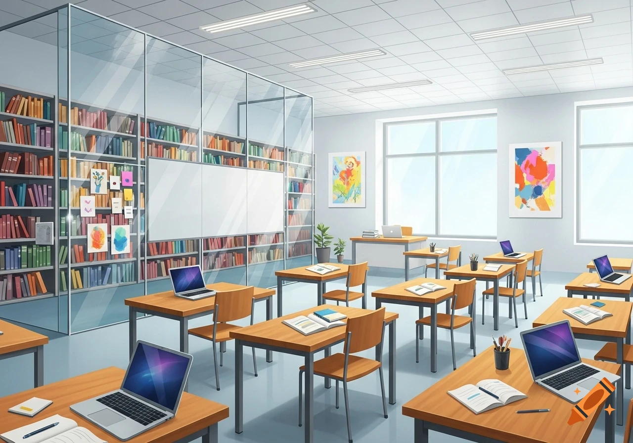 An empty anime-style university classroom with desks, open laptops, a large bookshelf, and abstract art.