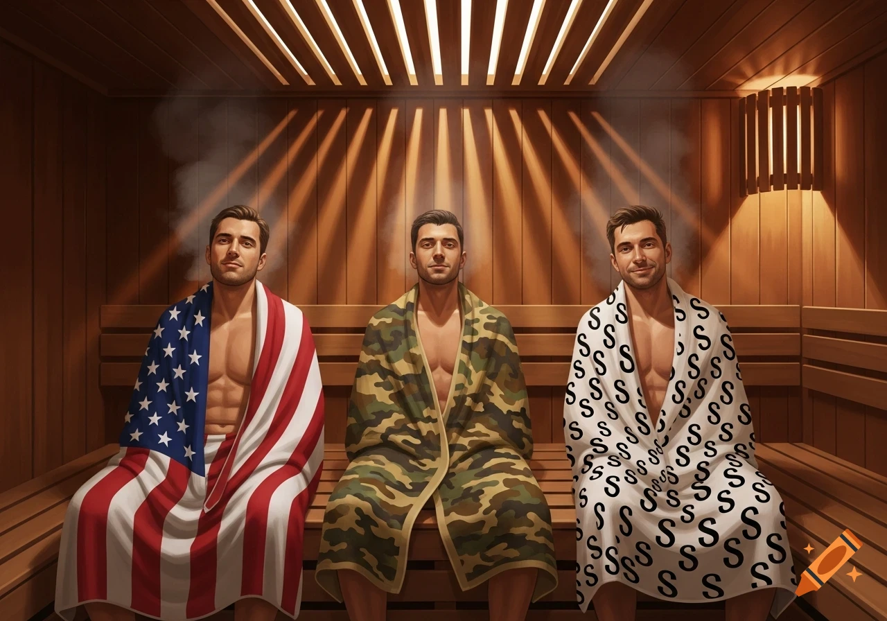 Three men sit on a wooden bench in a sauna, each wrapped in a different towel: one with the US flag, one with camouflage, and one with a pattern of 'S' letters.