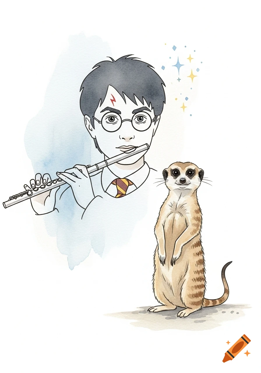 Watercolor illustration of Harry Potter playing a flute while a meerkat stands beside him.