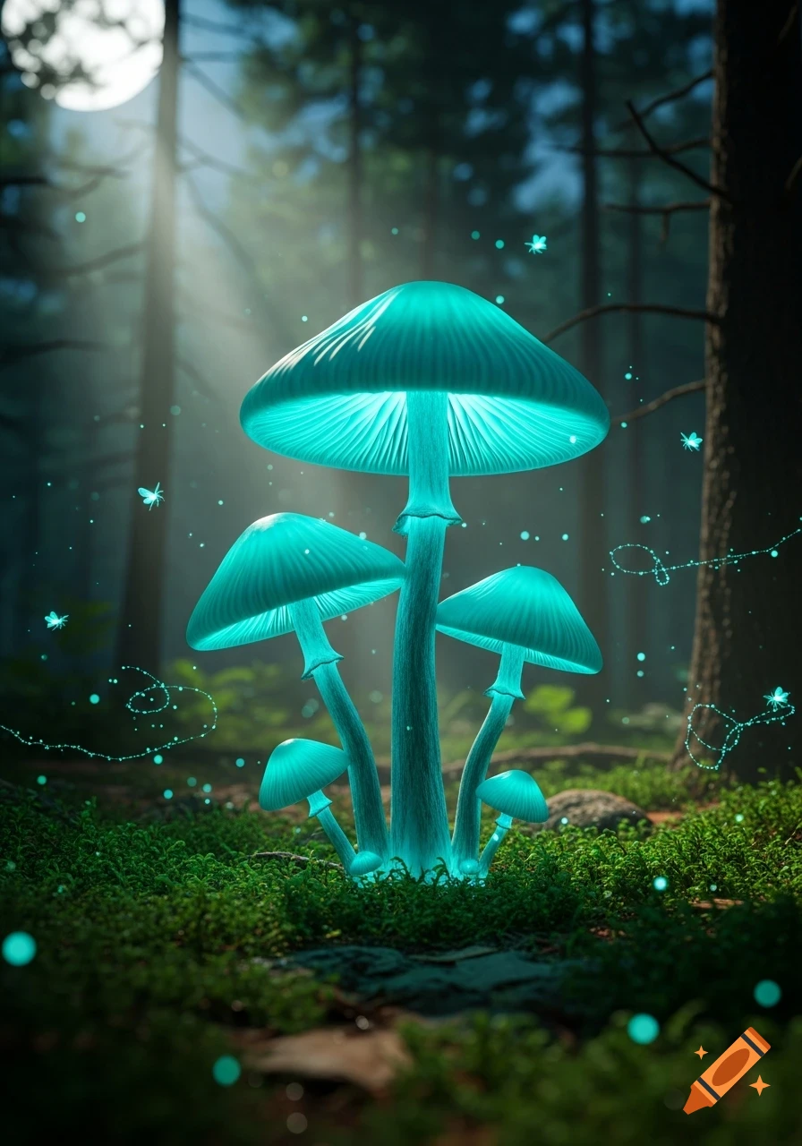 Vibrant turquoise glowing mushrooms on a mossy forest floor at night, illuminated by moonlight and sparkling fireflies.
