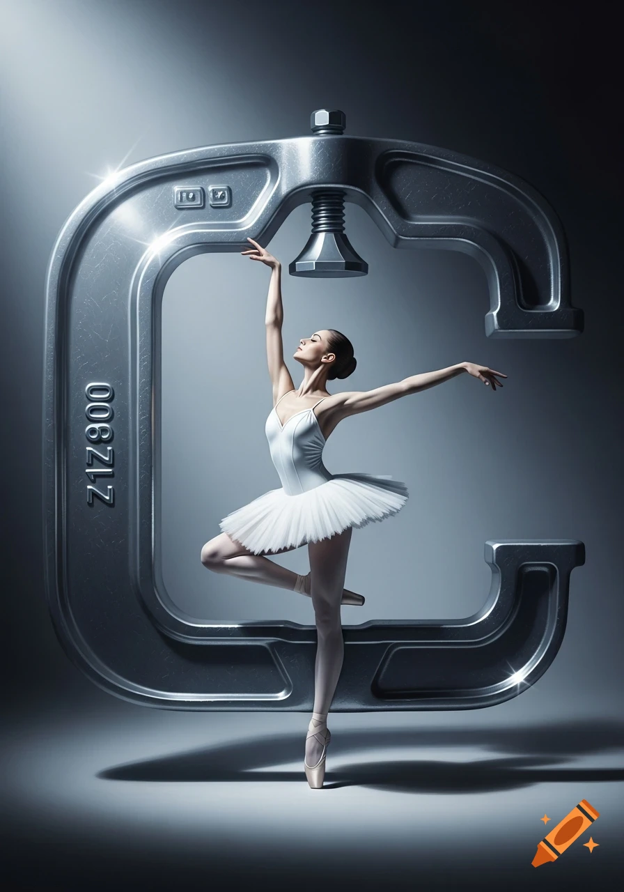 A graceful ballet dancer in a white tutu balances on pointe inside the arch of a large, metallic C-clamp, against a dramatic spotlight background.