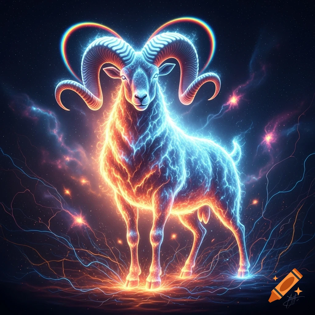 A majestic ram glows with blue and orange plasma energy, its large horns illuminated with rainbow light, against a cosmic starry background.