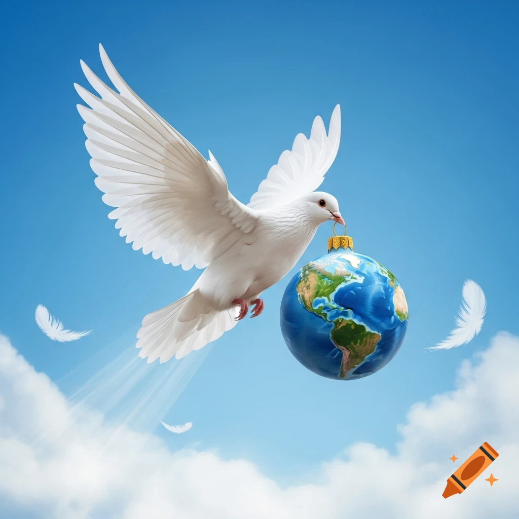A white dove in flight holds a blue Earth-shaped Christmas ornament in its beak against a clear blue sky with white clouds and falling white feathers, photorealistic.