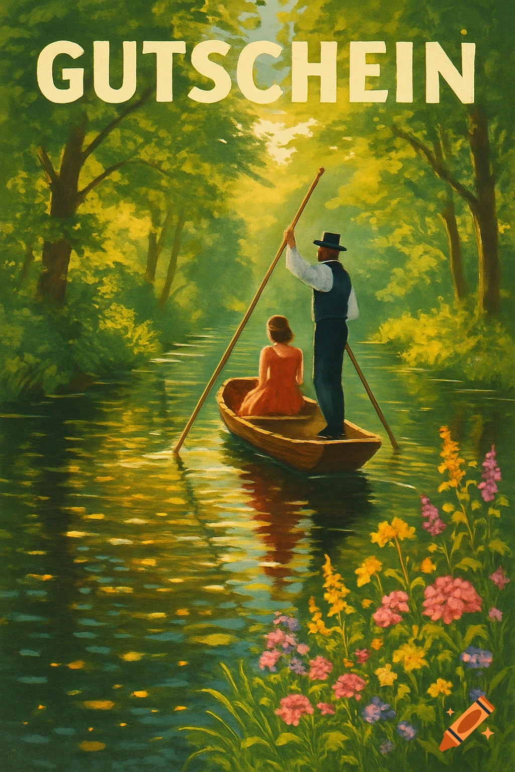 Painterly illustration of a man punting a boat with a woman on a sunlit canal amidst trees and flowers. Text 'GUTSCHEIN'.