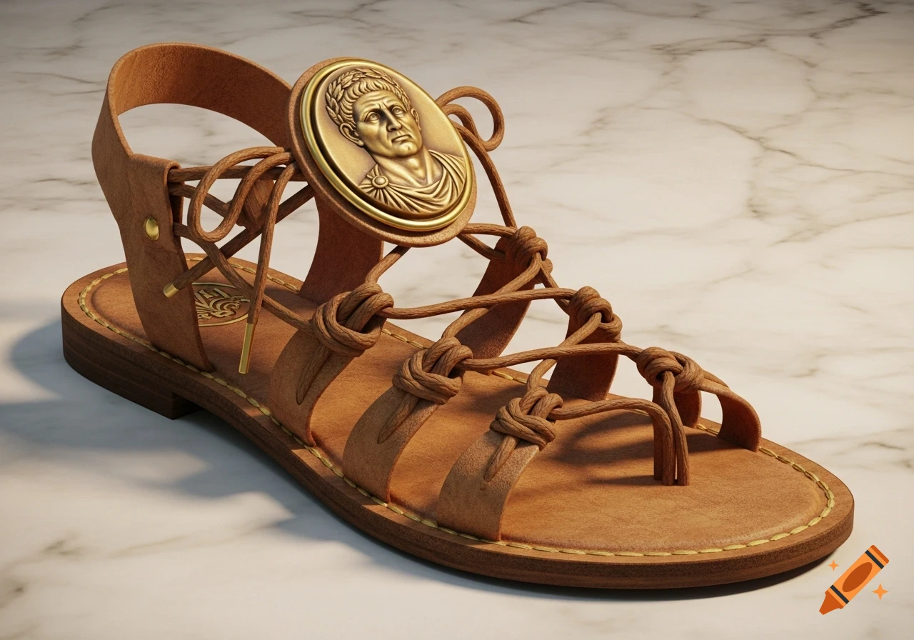 A single brown leather Roman-style sandal with intricate lacing and a gold medallion featuring a bust of Caesar, resting on a marble surface.