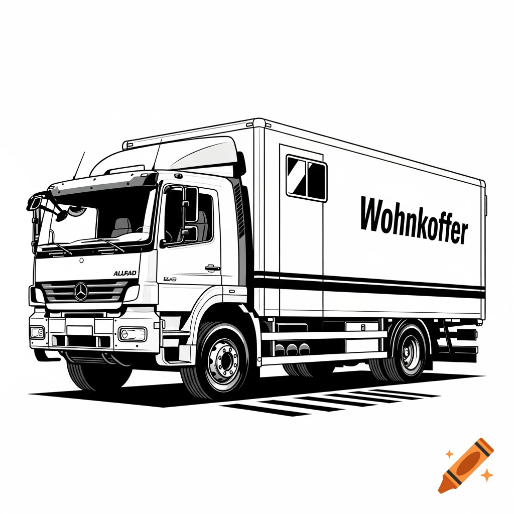 Black and white line art illustration of a truck with a box body, text 'Wohnkoffer' on its side.