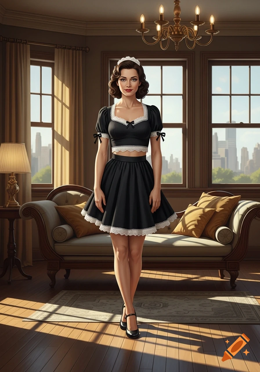 A confident woman in a retro maid outfit, with a black cropped top and short skirt, stands in a sunlit living room with large windows.