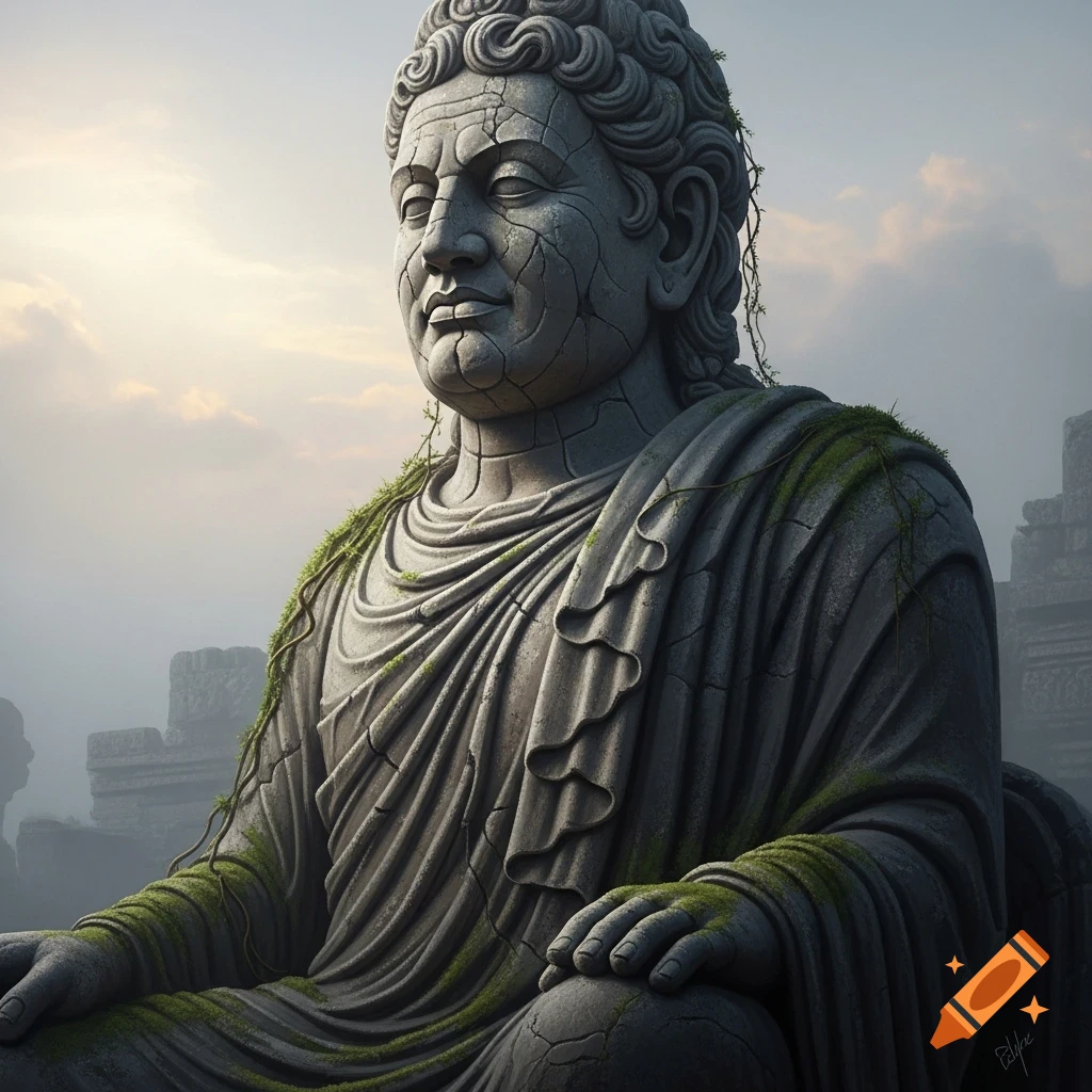 A weathered stone statue of a man, cracked and covered in green moss, sits under a cloudy sky with ancient ruins in the background.