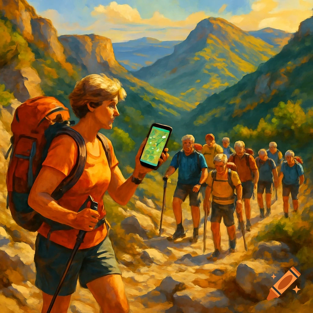 A group of hikers, led by a woman checking a GPS on her smartphone, walk on a rocky mountain trail in a painterly style.