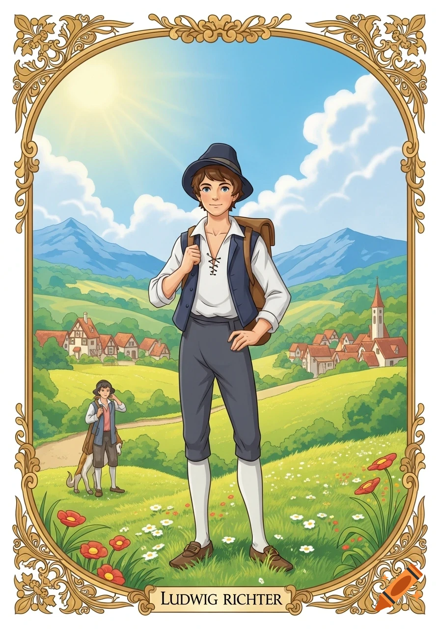 A cartoon illustration depicts a young man with a hat and backpack in a sunny rural landscape, framed by ornate gold.