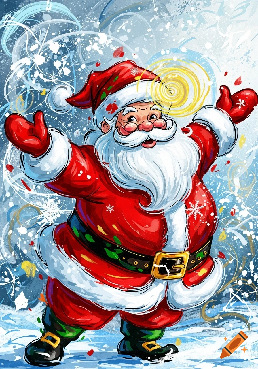 An abstract, colorful drawing of Santa Claus smiling with arms wide open, surrounded by blue and white artistic swirls and snowflakes on snowy ground.