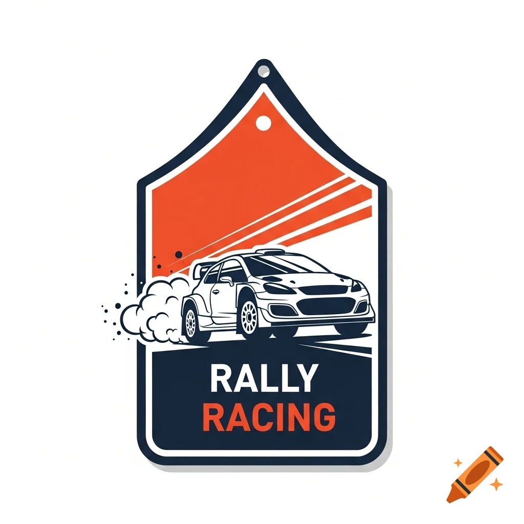 Flat vector illustration of a rally car kicking up dust inside a decorative shield with 'RALLY RACING' text.