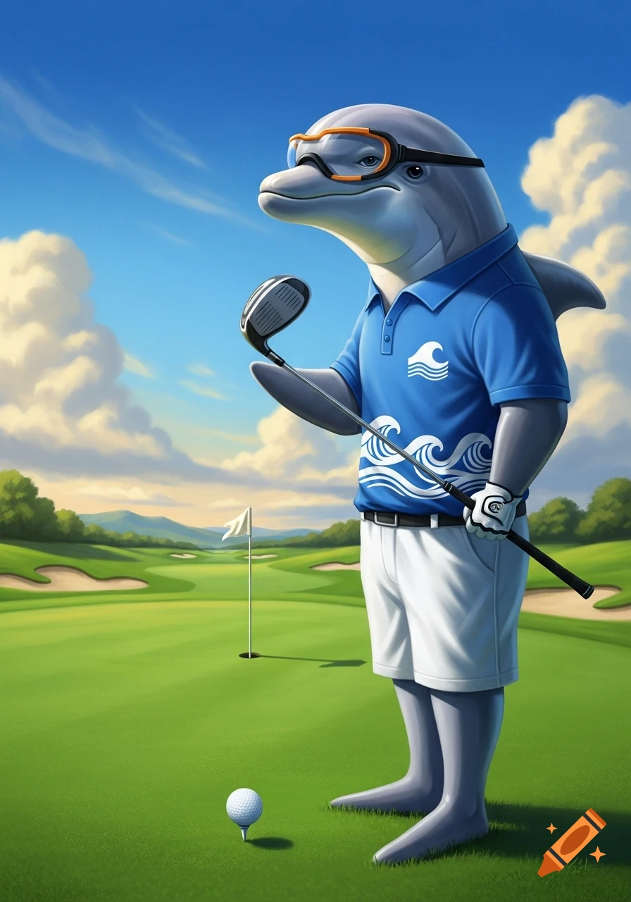 An anthropomorphic dolphin in a blue polo and white shorts holds a golf driver on a green course, ready to hit a teed-up ball.