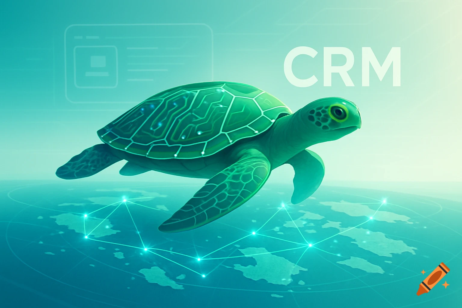 A stylized green sea turtle with circuit board patterns on its shell, floating above a glowing digital map, with "CRM" text.