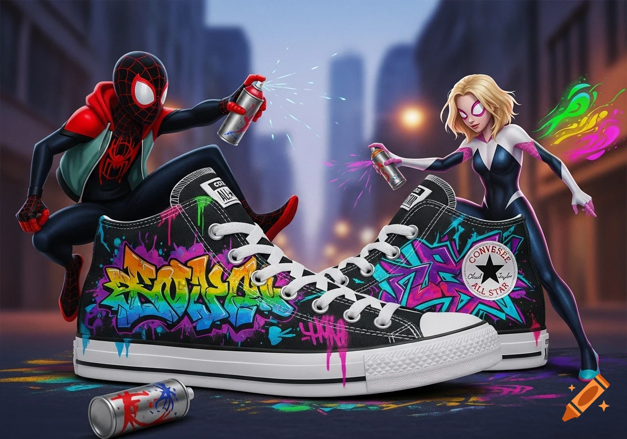 Miles Morales and Gwen Stacy (Spider-Gwen) spray painting graffiti on large black Converse high-top sneakers in an urban setting.