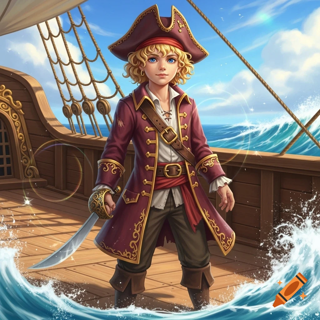 A young pirate with blonde curls and a red coat stands on a wooden ship deck amidst splashing waves under a sunny sky.