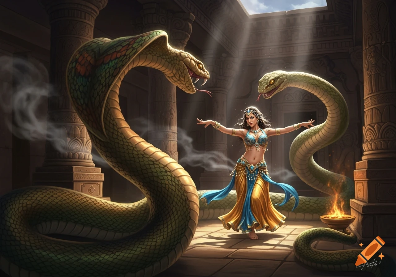 A belly dancer in a temple, surrounded by two large, rearing cobras, bathed in heavenly light.