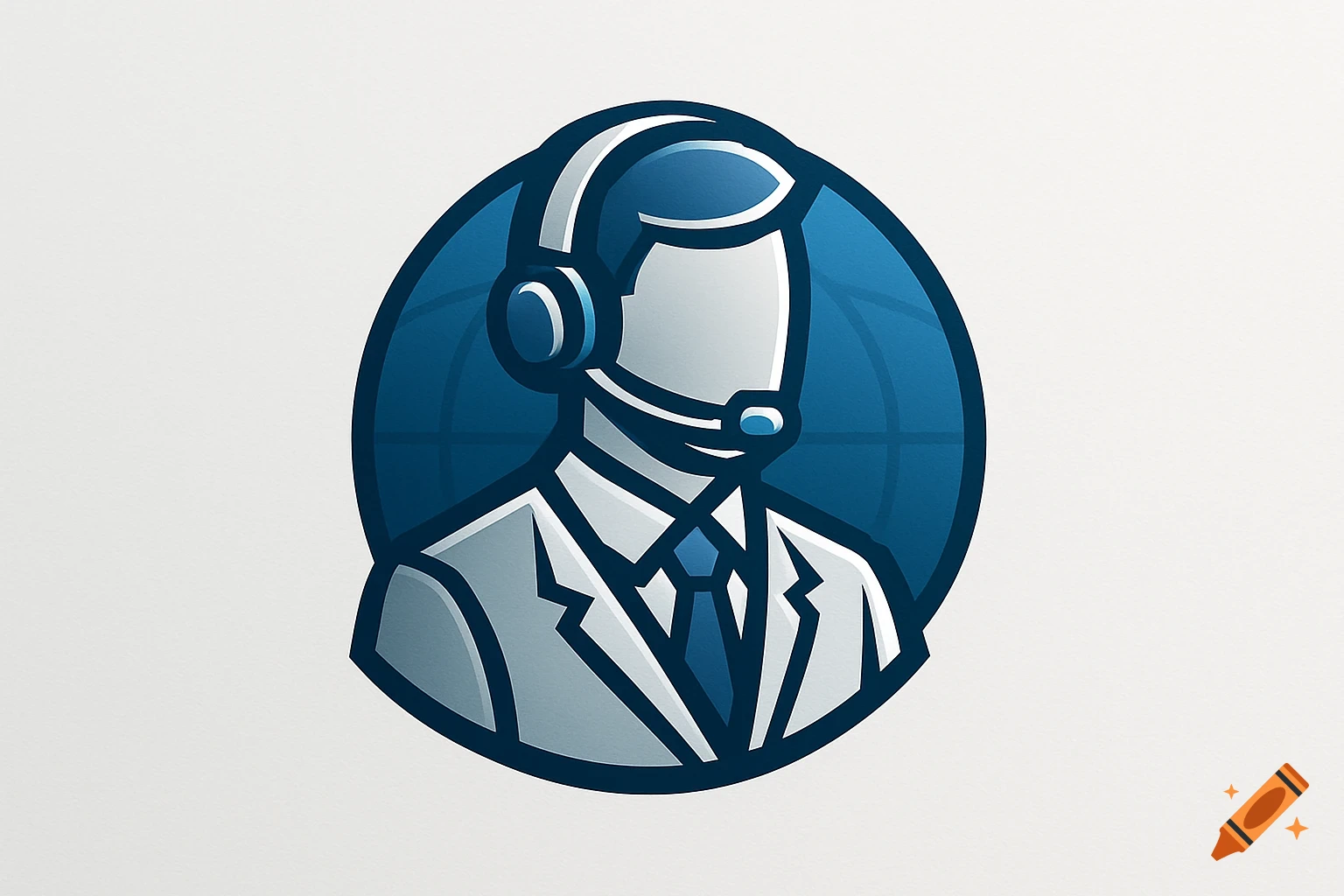 A stylized logo of a person in a suit and tie wearing a headset, set against a blue globe background.