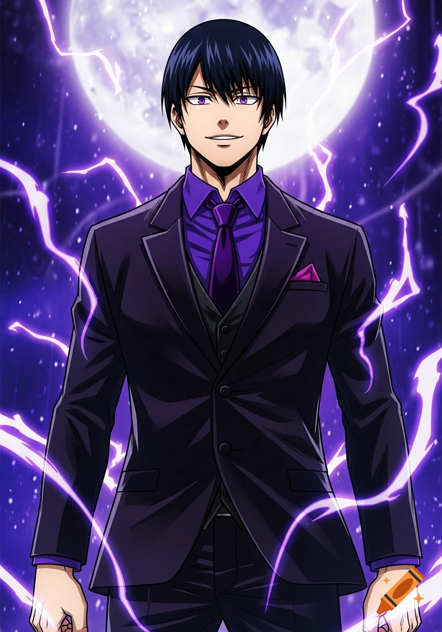 Handsome anime man with black hair and purple eyes in a dark purple tuxedo, standing against a full moon and purple lightning.