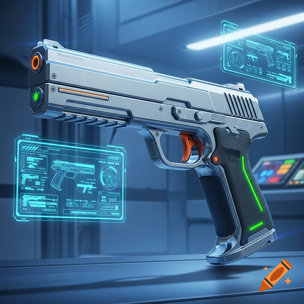 A sleek, silver futuristic laser pistol with orange and neon green accents is displayed against a blue background, surrounded by glowing holographic screens showing schematics.