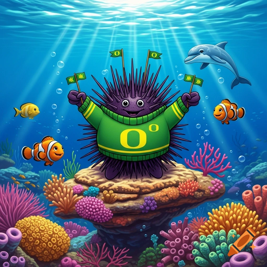 A vibrant cartoon shows a purple sea urchin in a green University of Oregon sweater, holding flags on a coral reef with fish and a dolphin.