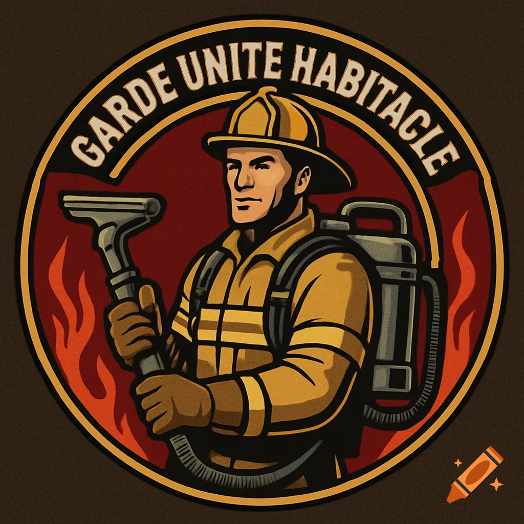 Stylized circular logo featuring a firefighter in a yellow uniform holding a car cleaning extractor tool, with 'GARDE UNITE HABITACLE' text.