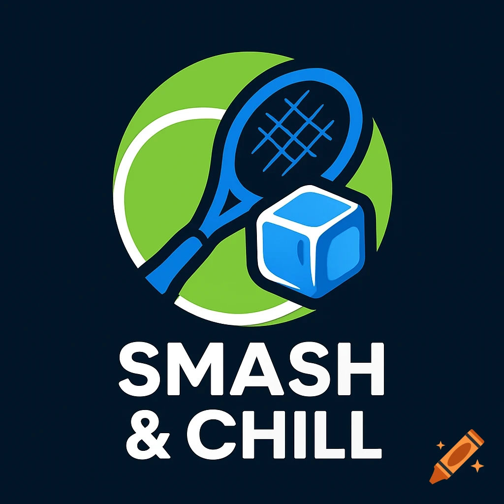 A logo with a blue tennis racket, a green tennis ball, a blue ice cube, and the white text 'SMASH & CHILL' on a dark blue background.