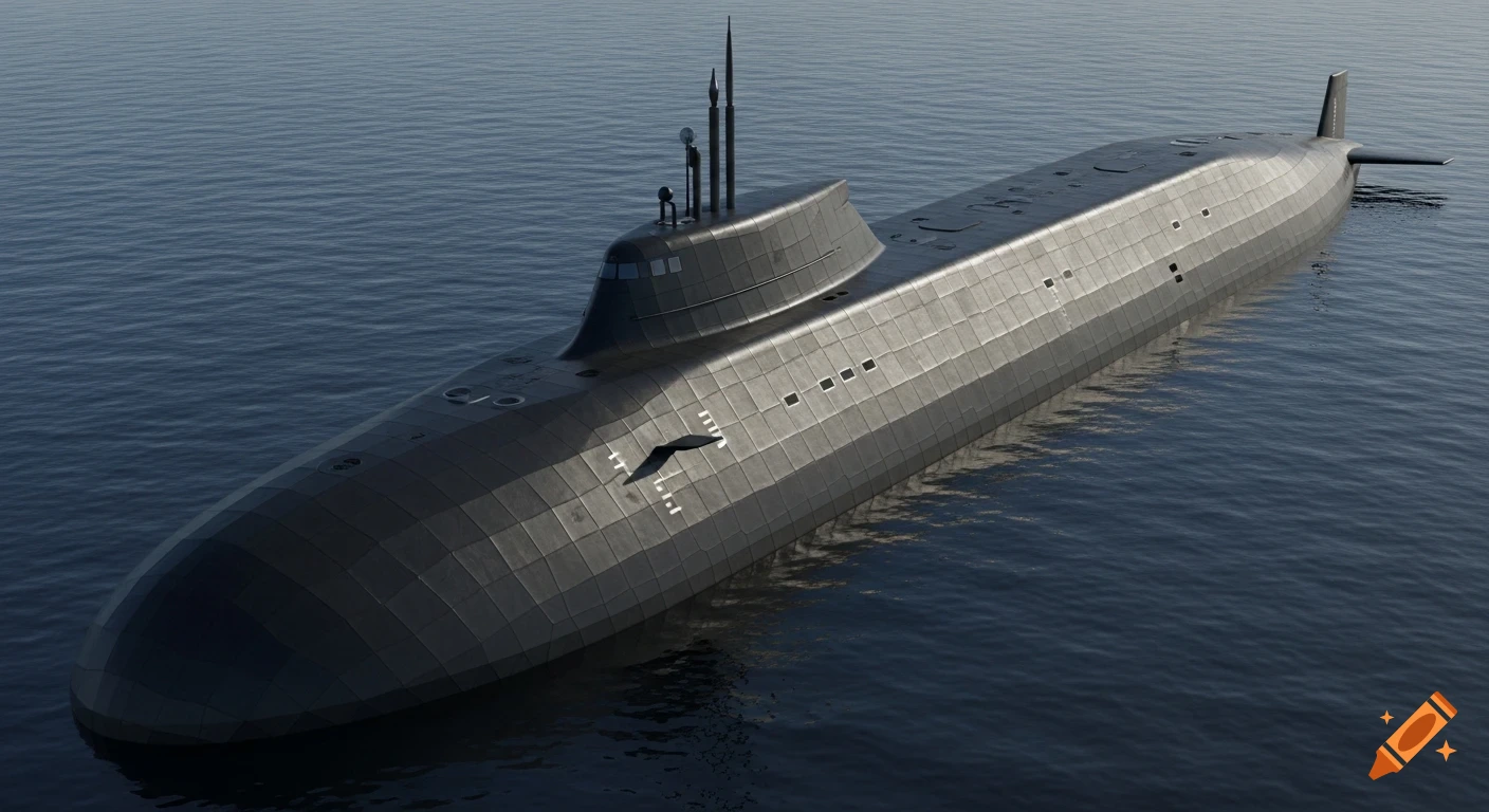 An overhead view of a modern, dark gray, stealth submarine with a faceted hull and an integrated sail, partially submerged in calm blue water.