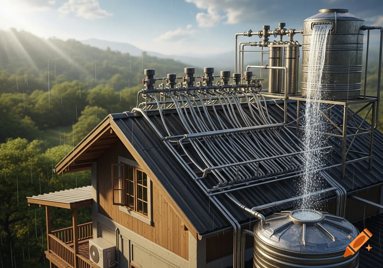 A house with a complex rainwater harvesting system on its roof, featuring pipes, filters, and tanks, against a lush green mountainous landscape.