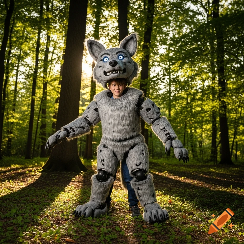 A boy in a detailed gray animatronic wolf costume stands in a sunlit forest.