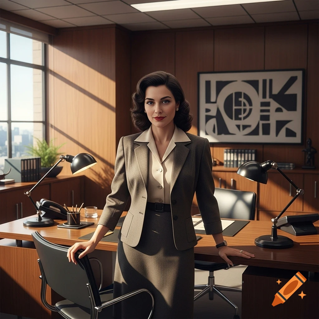 A woman in a vintage suit stands confidently in a sunlit 1950s professional office.
