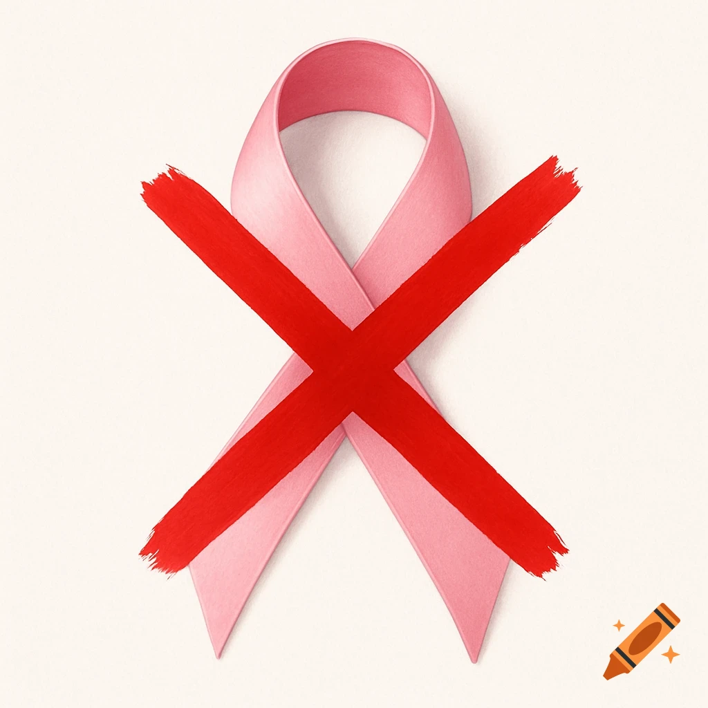 A pink awareness ribbon with a textured red 'X' painted over it, set against a light background.