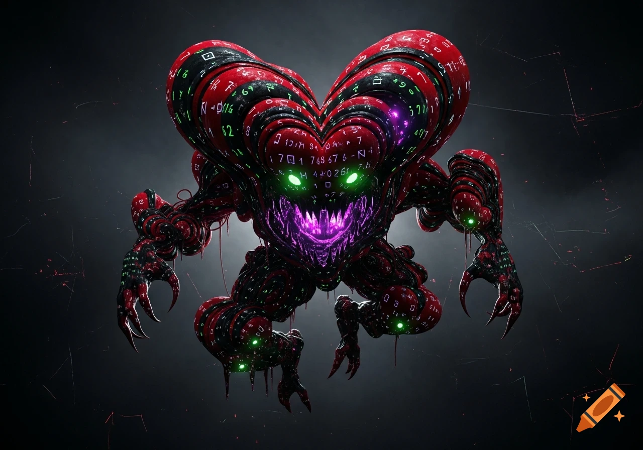 A monstrous heart-shaped creature with glowing green eyes and purple fangs, covered in red and black stripes with numbers and symbols, floats against a dark background.