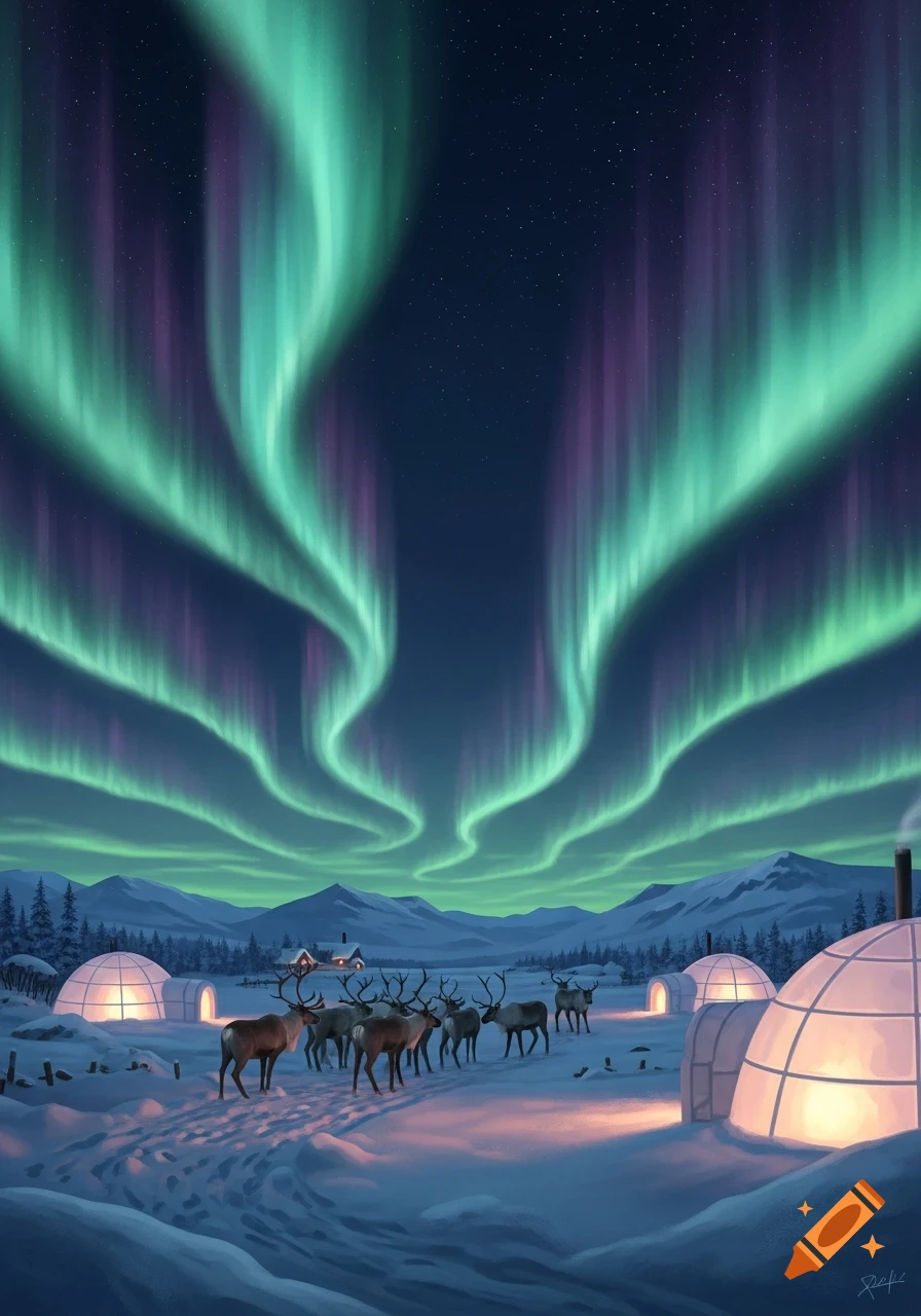 Vibrant aurora borealis over a snowy landscape with igloos and reindeer at night, in an illustrated style.