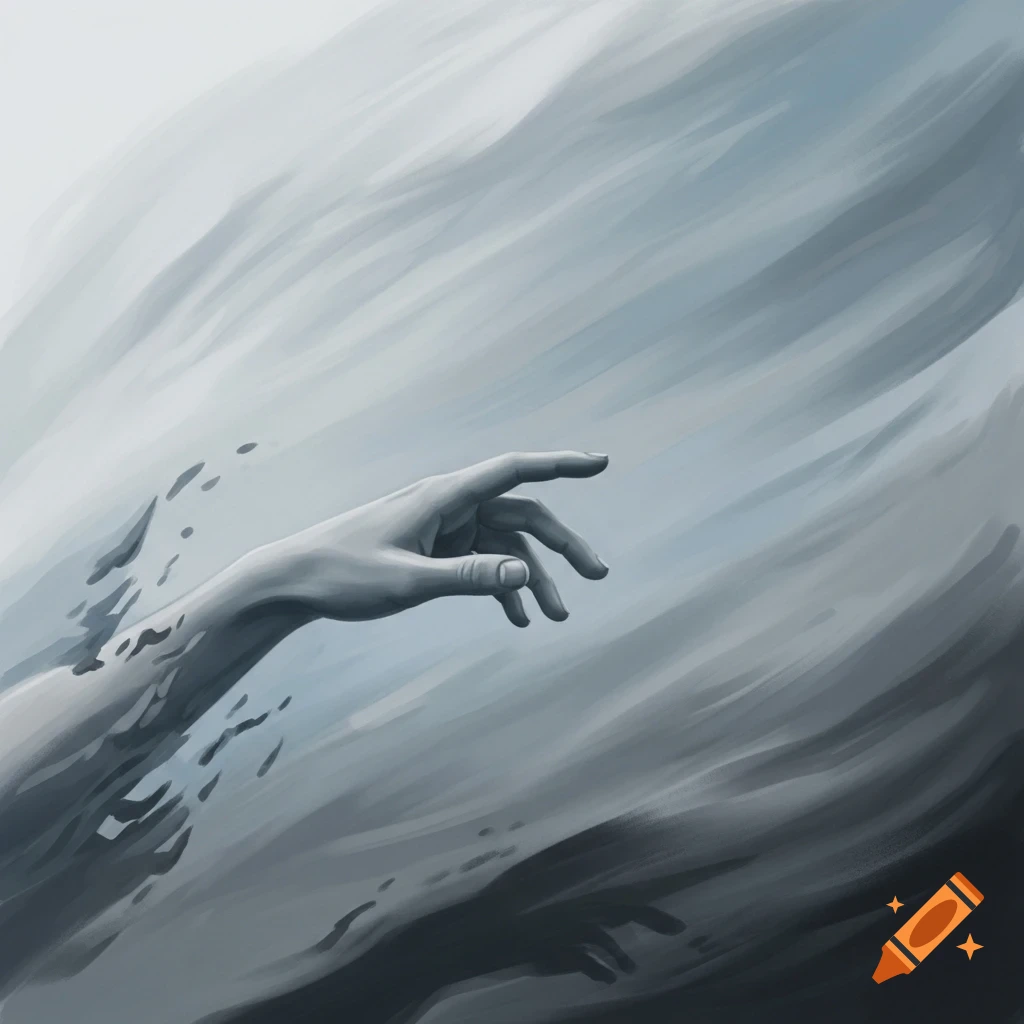 A grayscale hand appears to dissolve into a swirling, smoky gray and white abstract background.